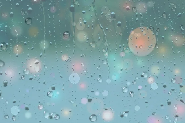 窓についた雨粒が光る写真