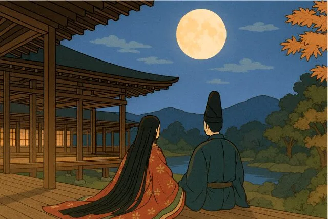 平安時代の貴族が縁側で月を眺める様子のイラスト