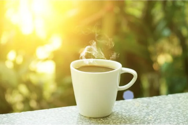 朝日を浴びながら湯気が立つコーヒーのカップ。日常に寄り添う香りのイメージ