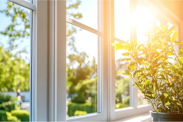 柔らかな朝の光が差し込む窓辺と観葉植物