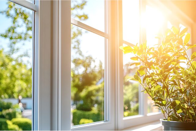 柔らかな朝の光が差し込む窓辺と観葉植物