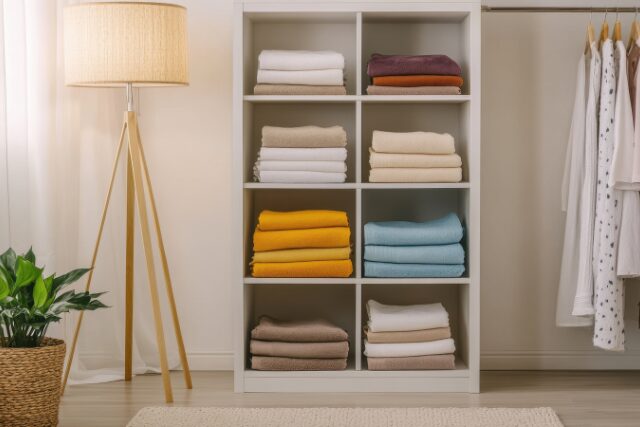 整然と畳まれたタオルが並ぶ収納棚と、やわらかな光に包まれた部屋