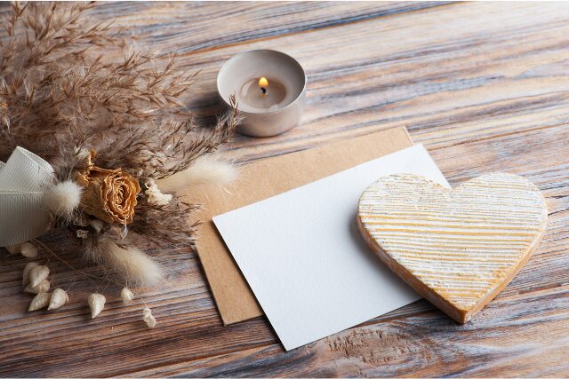 木のテーブルに置かれた手紙とドライフラワー、キャンドルのある静かな空間