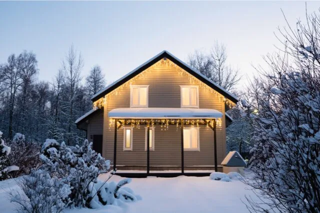 雪に囲まれた北欧の家とあたたかな灯り。長い冬と室内文化を象徴する風景