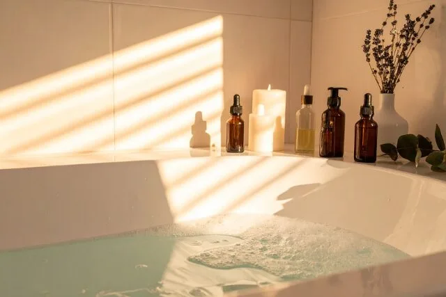 バスタブとアロマボトルの写真