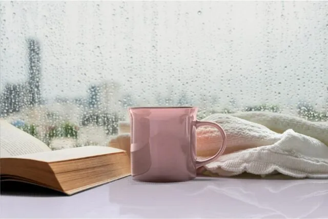 雨の窓辺に本とマグカップの写真