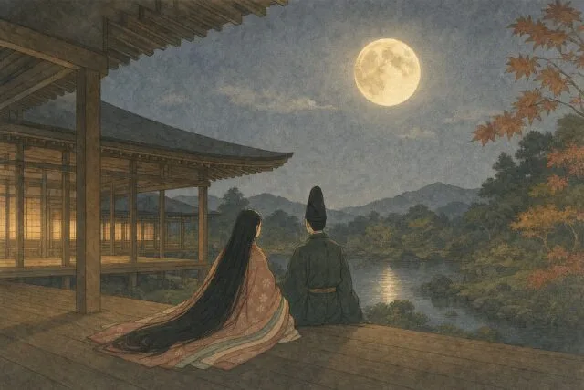 縁側で月見をする平安時代の男女の画像