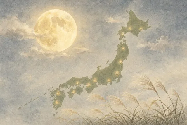 月と明かりが灯った日本地図の画像